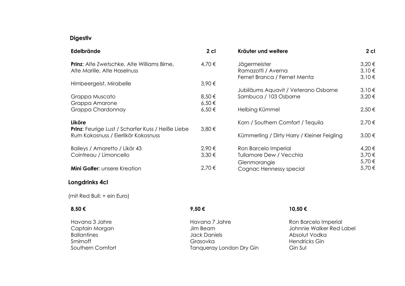 Speise und Getränkekarte Restaurant Hockenbergs